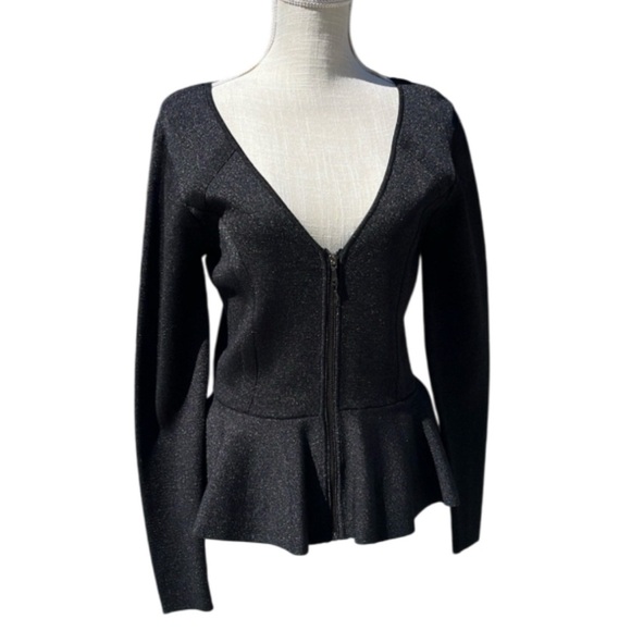 GUESS NWT SCARLA ZIP PEPLUM TOP - Jet black multi- Size L - Picture 1 of 13